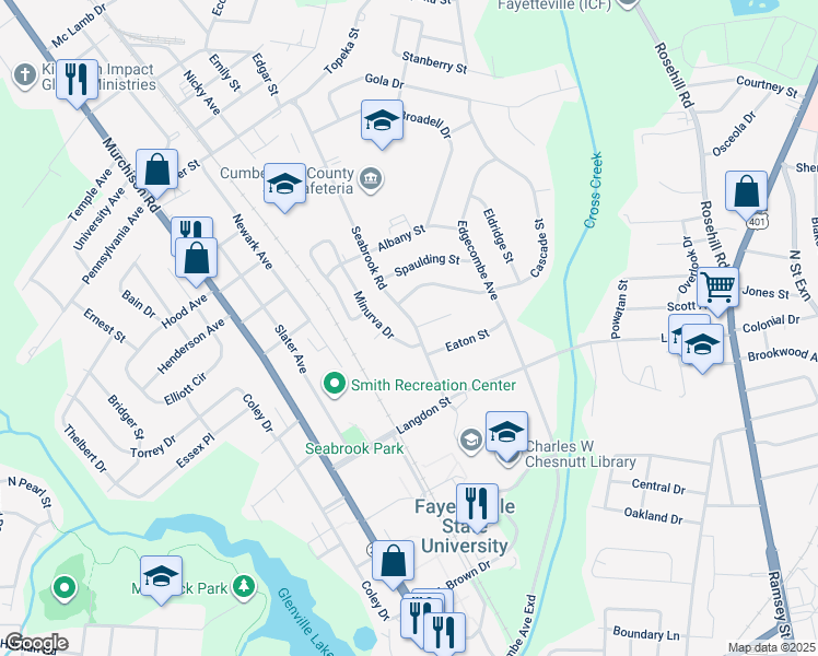 map of restaurants, bars, coffee shops, grocery stores, and more near 1601 Seabrook Road in Fayetteville