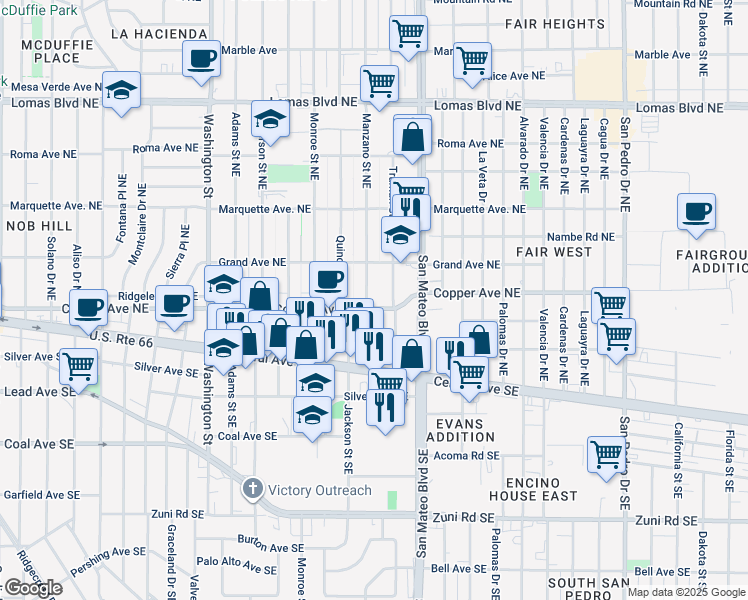 map of restaurants, bars, coffee shops, grocery stores, and more near 5101 Copper Avenue Northeast in Albuquerque