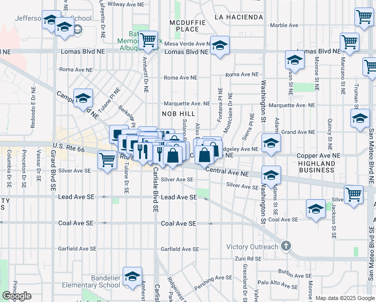 map of restaurants, bars, coffee shops, grocery stores, and more near 206 Solano Drive Northeast in Albuquerque