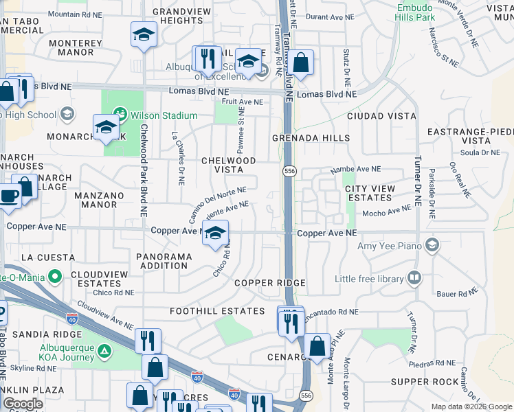 map of restaurants, bars, coffee shops, grocery stores, and more near 640 Mountain View Avenue Northeast in Albuquerque