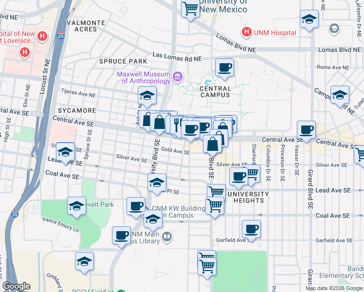 map of restaurants, bars, coffee shops, grocery stores, and more near 121 Terrace Street Southeast in Albuquerque