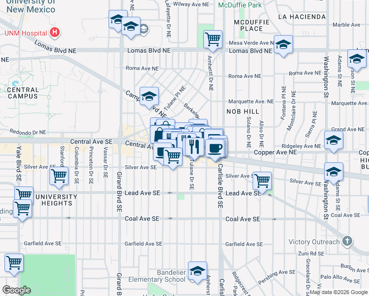map of restaurants, bars, coffee shops, grocery stores, and more near 3339 Central Avenue Northeast in Albuquerque