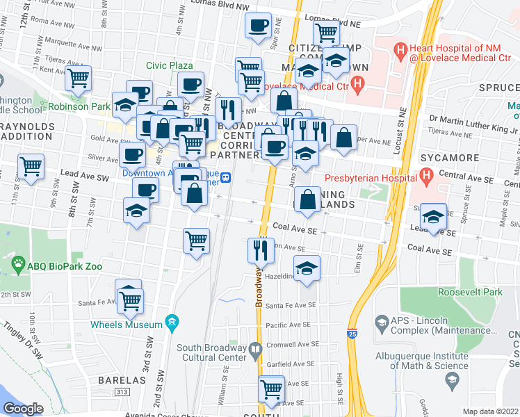 map of restaurants, bars, coffee shops, grocery stores, and more near 407 Broadway Boulevard Southeast in Albuquerque