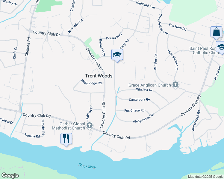 map of restaurants, bars, coffee shops, grocery stores, and more near 3605 Canterbury Road in Trent Woods