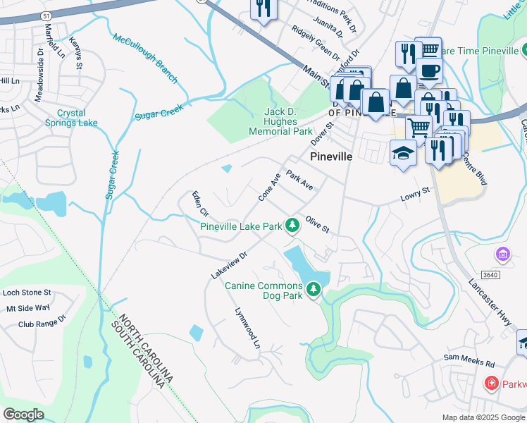 map of restaurants, bars, coffee shops, grocery stores, and more near 905 Cone Avenue in Pineville
