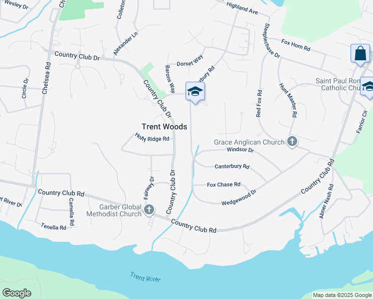 map of restaurants, bars, coffee shops, grocery stores, and more near 3605 Canterbury Road in Trent Woods