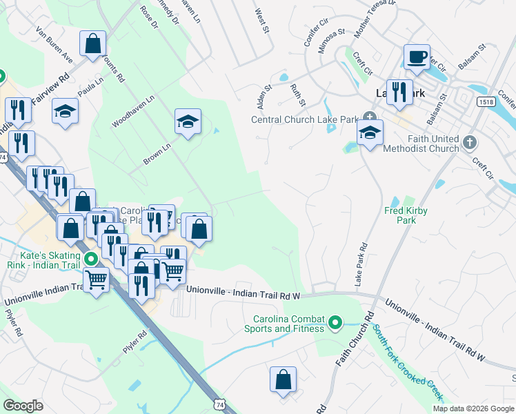 map of restaurants, bars, coffee shops, grocery stores, and more near 2208 Younts Road in Indian Trail