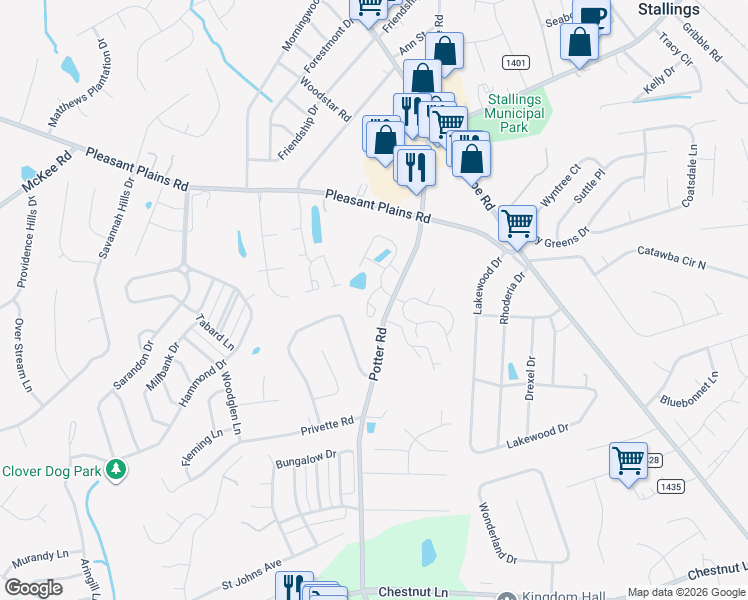 map of restaurants, bars, coffee shops, grocery stores, and more near 101 Azteca Drive in Stallings