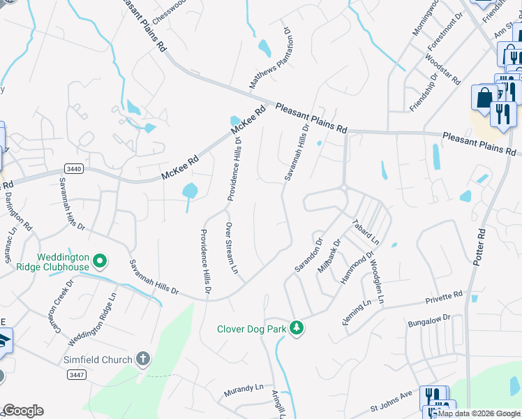 map of restaurants, bars, coffee shops, grocery stores, and more near 1316 Hillshire Meadow Drive in Matthews