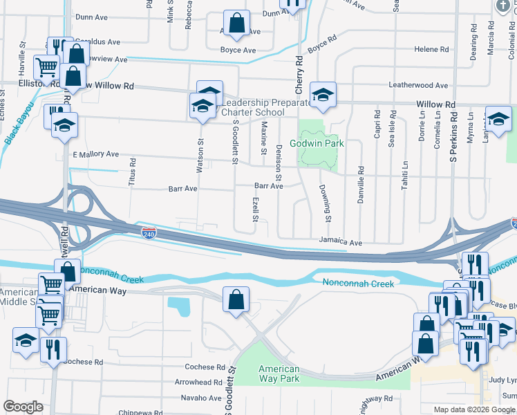 map of restaurants, bars, coffee shops, grocery stores, and more near 1870 Ezell Street in Memphis