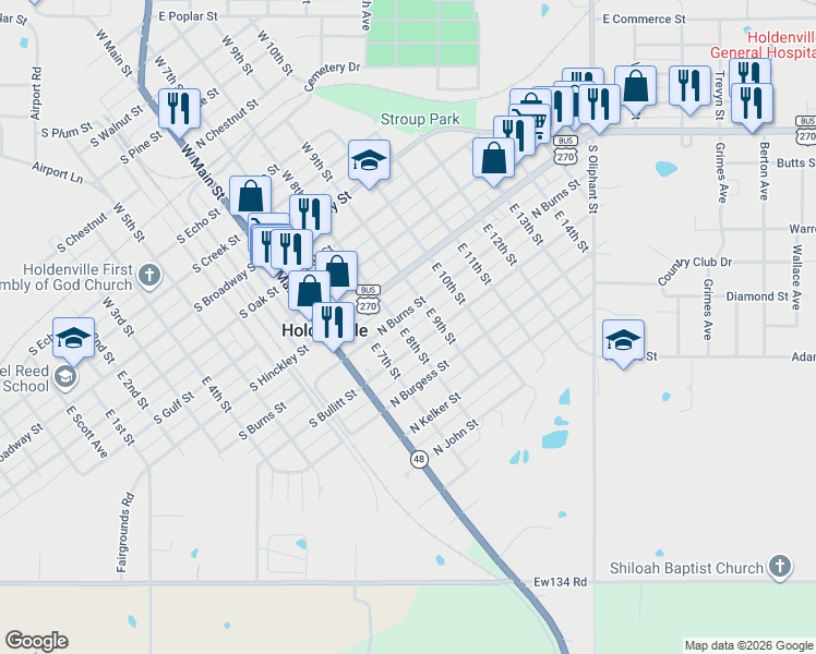 map of restaurants, bars, coffee shops, grocery stores, and more near 512 East 8th Street in Holdenville