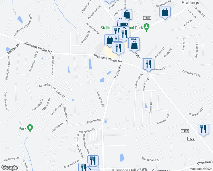 map of restaurants, bars, coffee shops, grocery stores, and more near 156 Clydesdale Court in Stallings