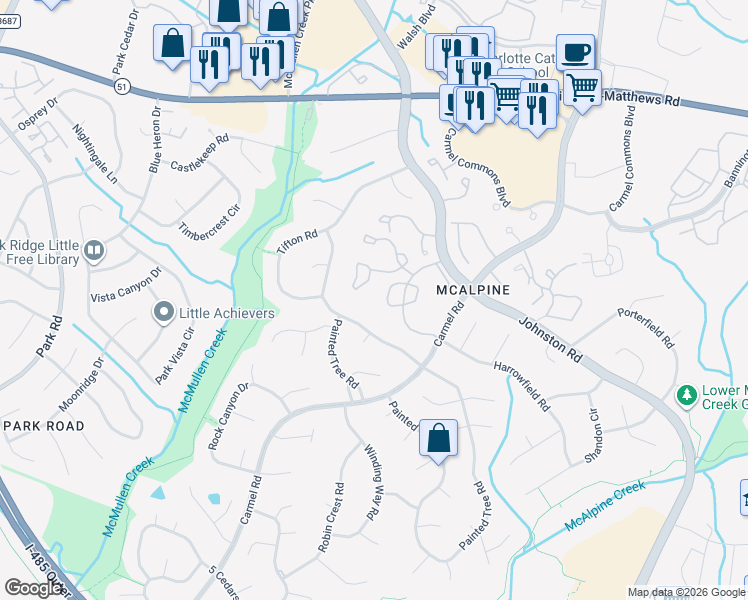 map of restaurants, bars, coffee shops, grocery stores, and more near 11046 Harrowfield Road in Charlotte