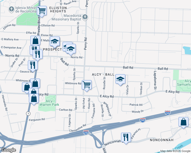 map of restaurants, bars, coffee shops, grocery stores, and more near 2374 Bridgeport Drive in Memphis
