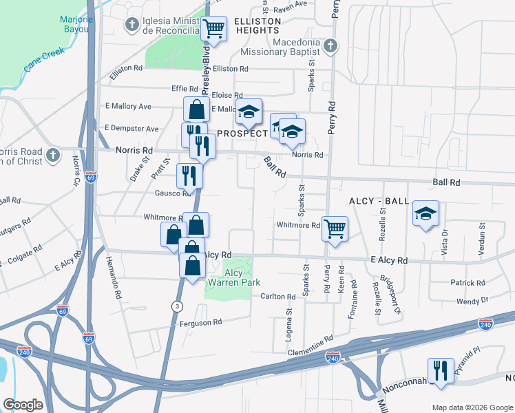 map of restaurants, bars, coffee shops, grocery stores, and more near 2374 Warren Street in Memphis