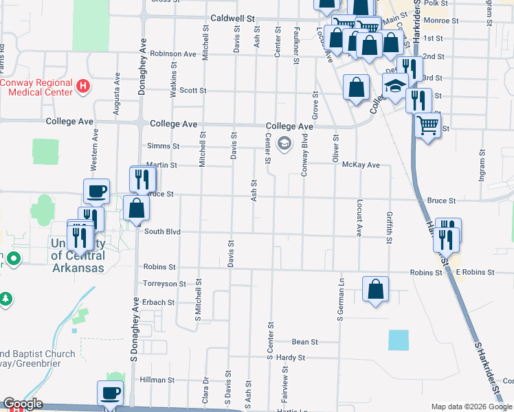 map of restaurants, bars, coffee shops, grocery stores, and more near 238 Ash Street in Conway