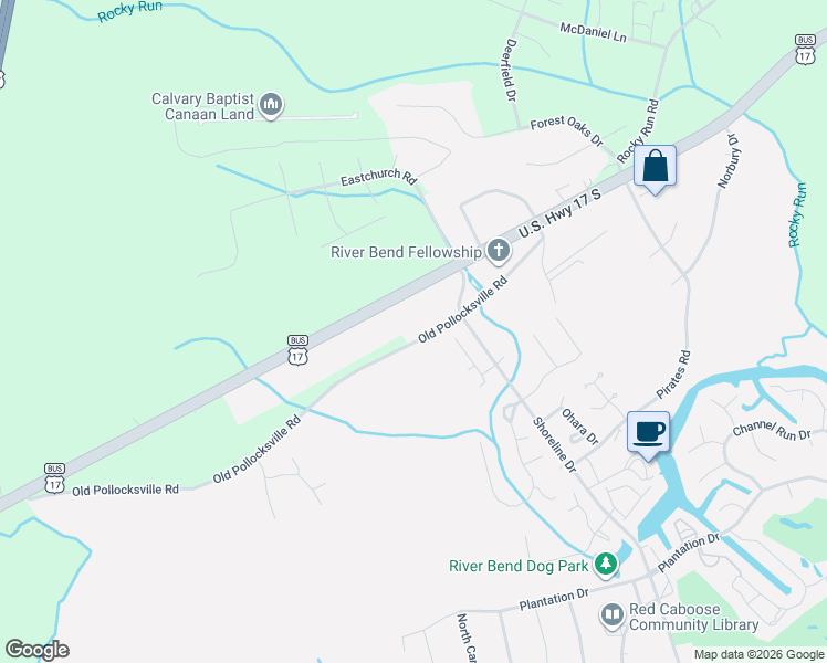 map of restaurants, bars, coffee shops, grocery stores, and more near 316 Old Pollocksville Road in New Bern