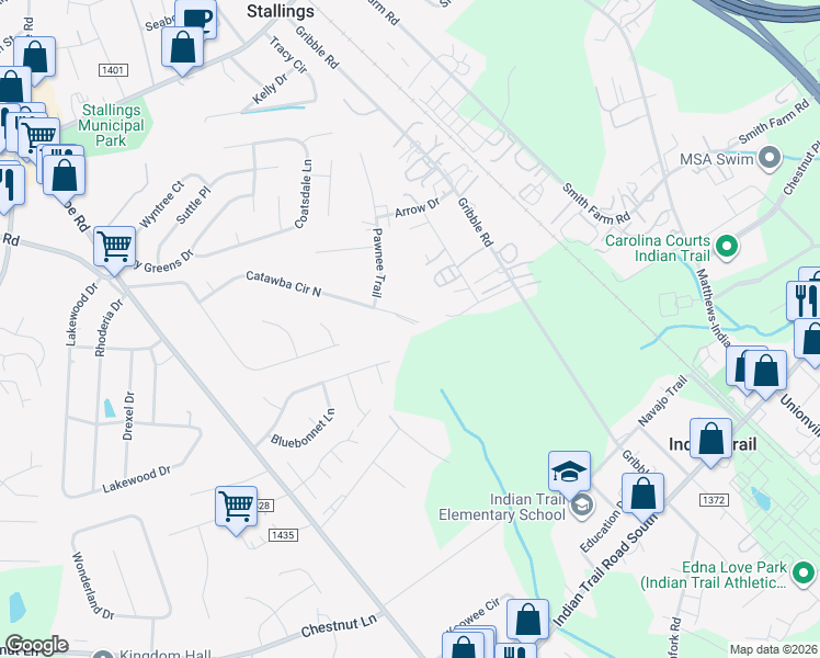 map of restaurants, bars, coffee shops, grocery stores, and more near 724 Catawba Circle North in Matthews