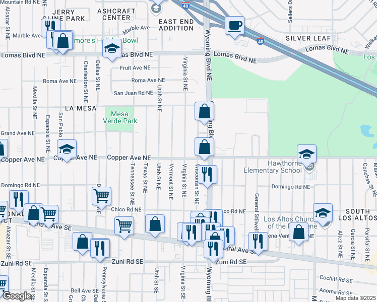 map of restaurants, bars, coffee shops, grocery stores, and more near 411 Virginia Street Northeast in Albuquerque
