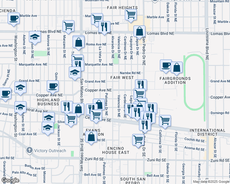 map of restaurants, bars, coffee shops, grocery stores, and more near 321 Valencia Drive Northeast in Albuquerque
