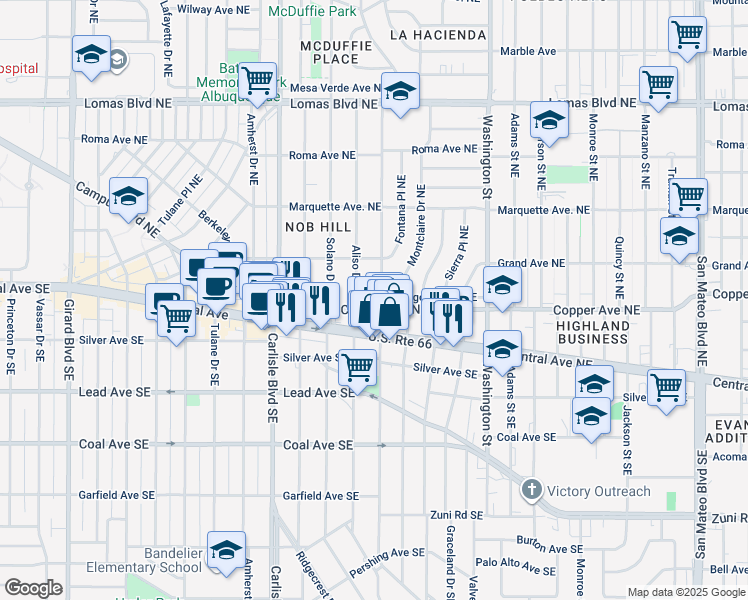 map of restaurants, bars, coffee shops, grocery stores, and more near 204 Aliso Drive Northeast in Albuquerque