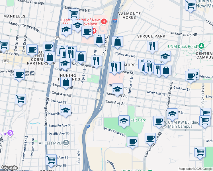 map of restaurants, bars, coffee shops, grocery stores, and more near 1001 Silver Avenue Southeast in Albuquerque