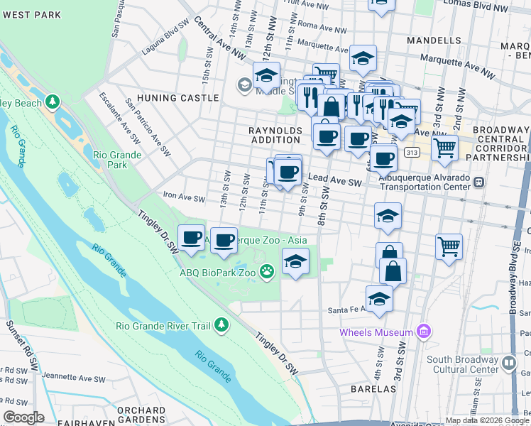 map of restaurants, bars, coffee shops, grocery stores, and more near 1016 Iron Avenue Southwest in Albuquerque