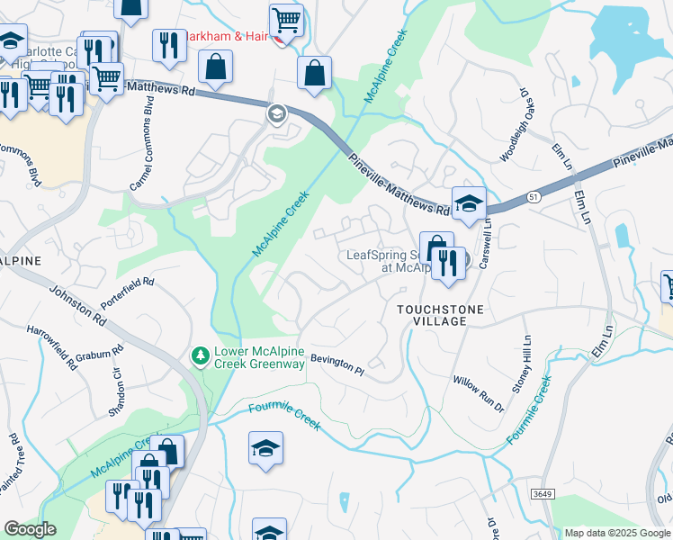 map of restaurants, bars, coffee shops, grocery stores, and more near 6700 Bevington Ridge Road in Charlotte