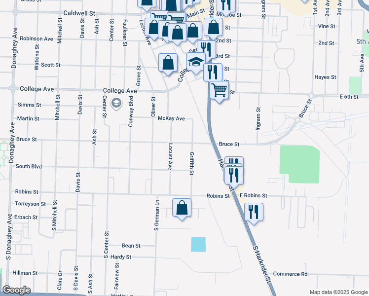 map of restaurants, bars, coffee shops, grocery stores, and more near 1315 Bruce Street in Conway