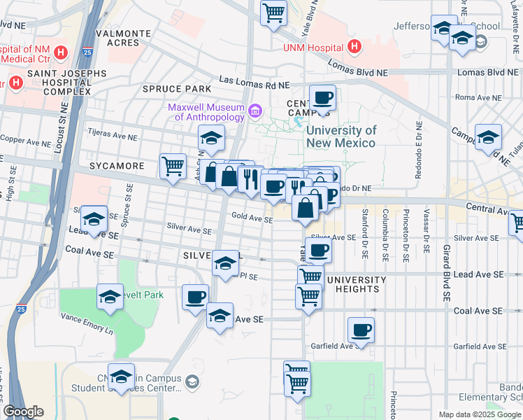 map of restaurants, bars, coffee shops, grocery stores, and more near 121 Terrace Street Southeast in Albuquerque