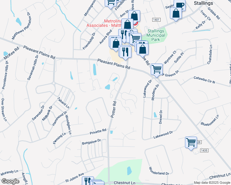 map of restaurants, bars, coffee shops, grocery stores, and more near 101 Azteca Dr in Stallings