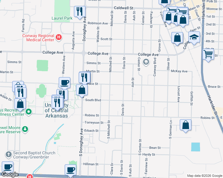 map of restaurants, bars, coffee shops, grocery stores, and more near 1827 Bruce Street in Conway