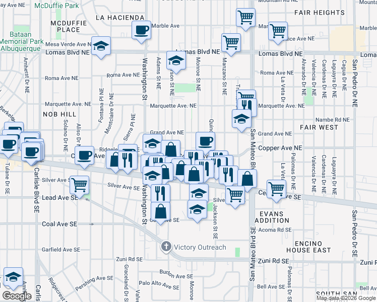 map of restaurants, bars, coffee shops, grocery stores, and more near 202 Madison Street Northeast in Albuquerque