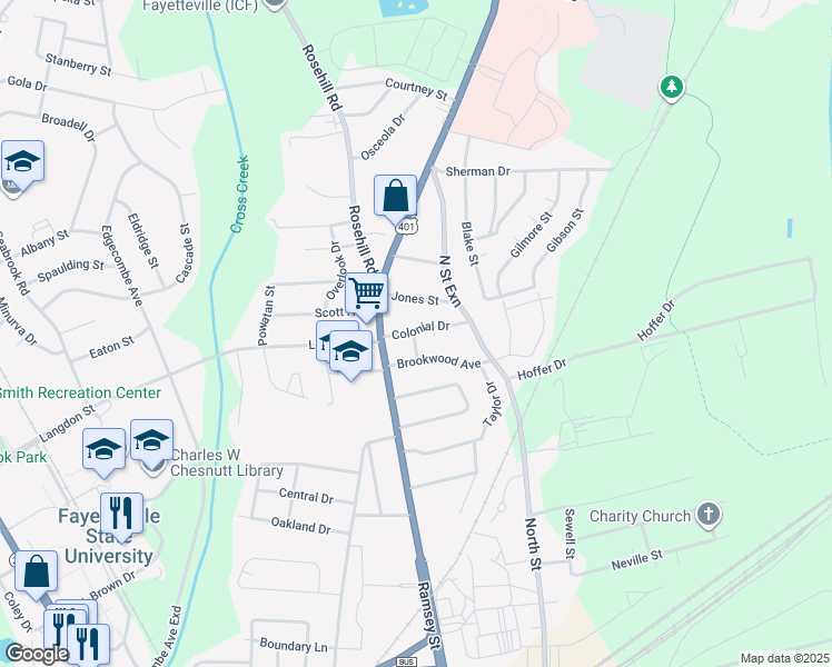 map of restaurants, bars, coffee shops, grocery stores, and more near 1608 Fayette Avenue in Fayetteville