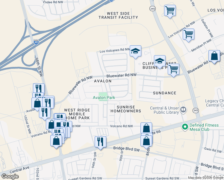 map of restaurants, bars, coffee shops, grocery stores, and more near 9127 Starboard Road Northwest in Albuquerque
