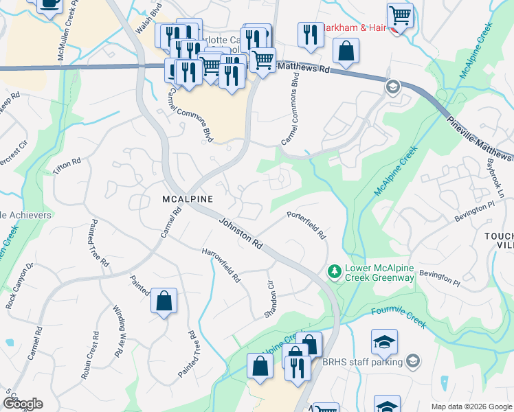 map of restaurants, bars, coffee shops, grocery stores, and more near 11527 Turn Stone Court in Charlotte