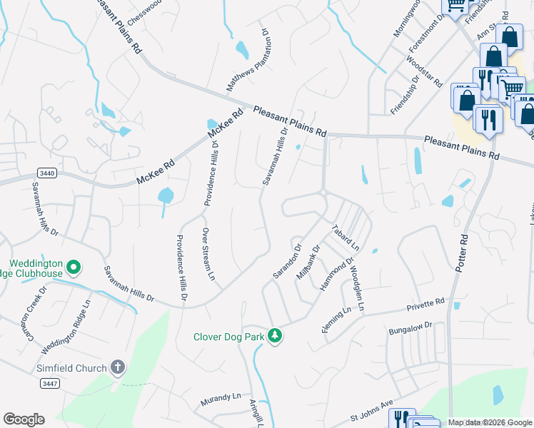 map of restaurants, bars, coffee shops, grocery stores, and more near 3222 Savannah Hills Drive in Matthews