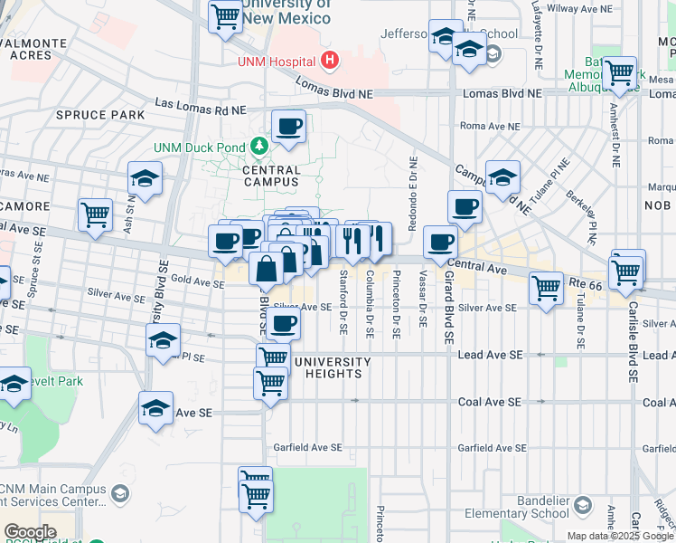 map of restaurants, bars, coffee shops, grocery stores, and more near 107 Stanford Drive Southeast in Albuquerque
