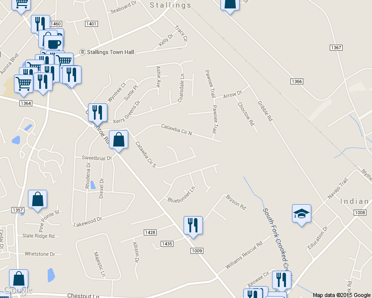 map of restaurants, bars, coffee shops, grocery stores, and more near 1617 Blackfoot Ln in Matthews