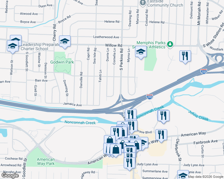 map of restaurants, bars, coffee shops, grocery stores, and more near 1871 Cornelia Lane in Memphis