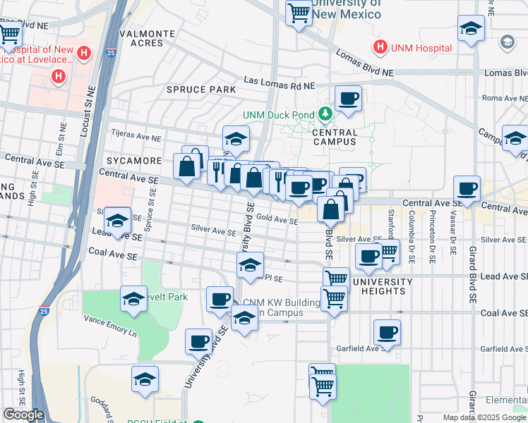 map of restaurants, bars, coffee shops, grocery stores, and more near 1817 Gold Avenue Southeast in Albuquerque