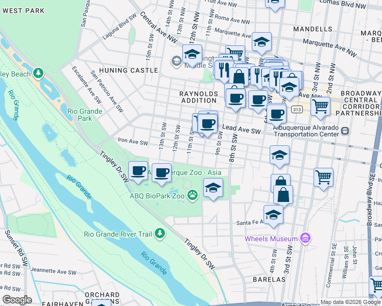 map of restaurants, bars, coffee shops, grocery stores, and more near 1016 Iron Avenue Southwest in Albuquerque