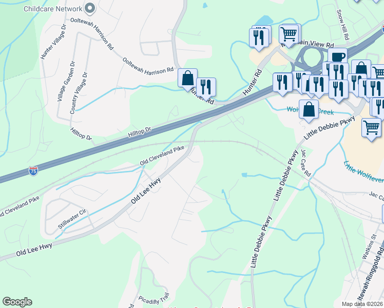 map of restaurants, bars, coffee shops, grocery stores, and more near 5634 Wolfpack Trail in Ooltewah