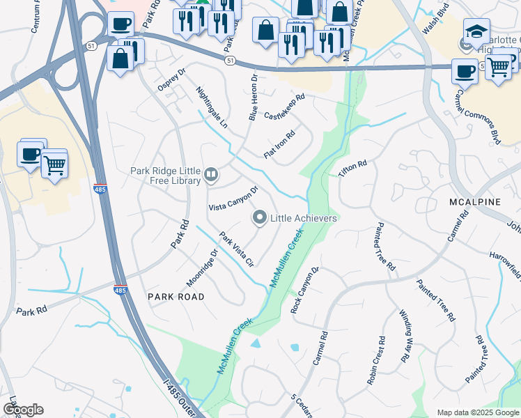 map of restaurants, bars, coffee shops, grocery stores, and more near 8318 Trail View Drive in Charlotte