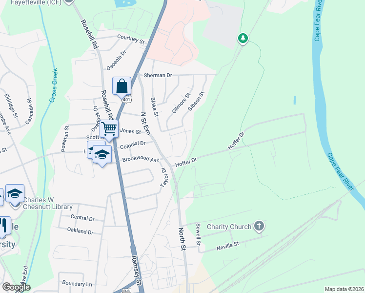 map of restaurants, bars, coffee shops, grocery stores, and more near 1609 Gibson Street in Fayetteville