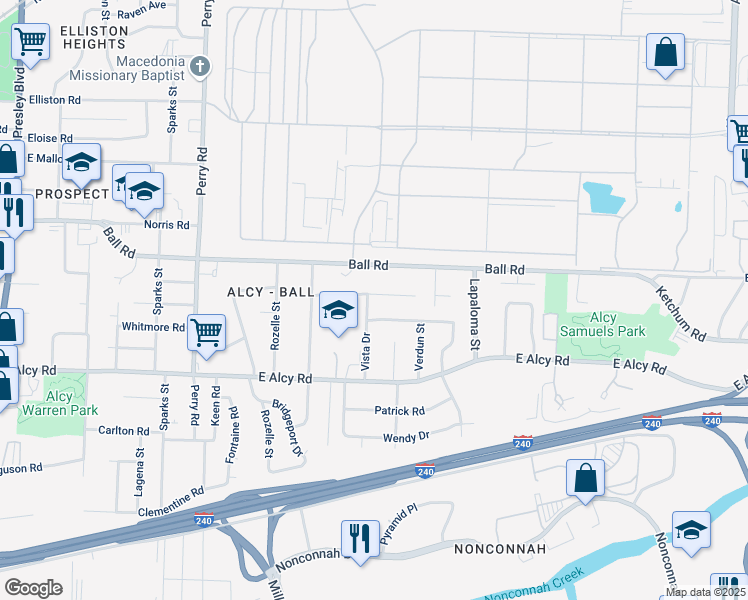 map of restaurants, bars, coffee shops, grocery stores, and more near 2366 Vista Drive in Memphis