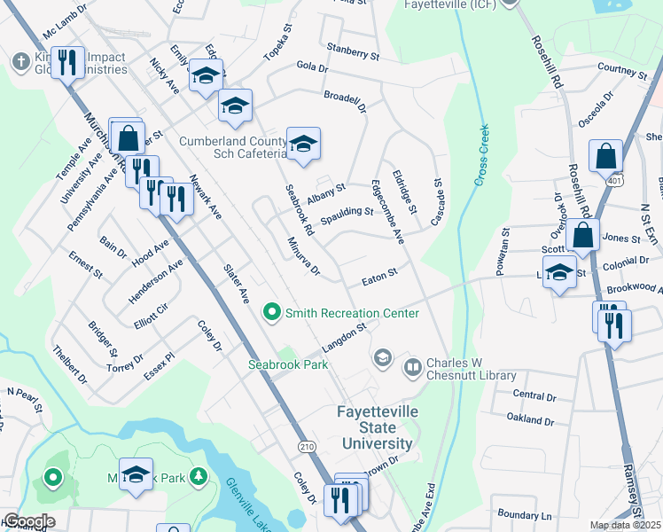 map of restaurants, bars, coffee shops, grocery stores, and more near 1601 Seabrook Road in Fayetteville