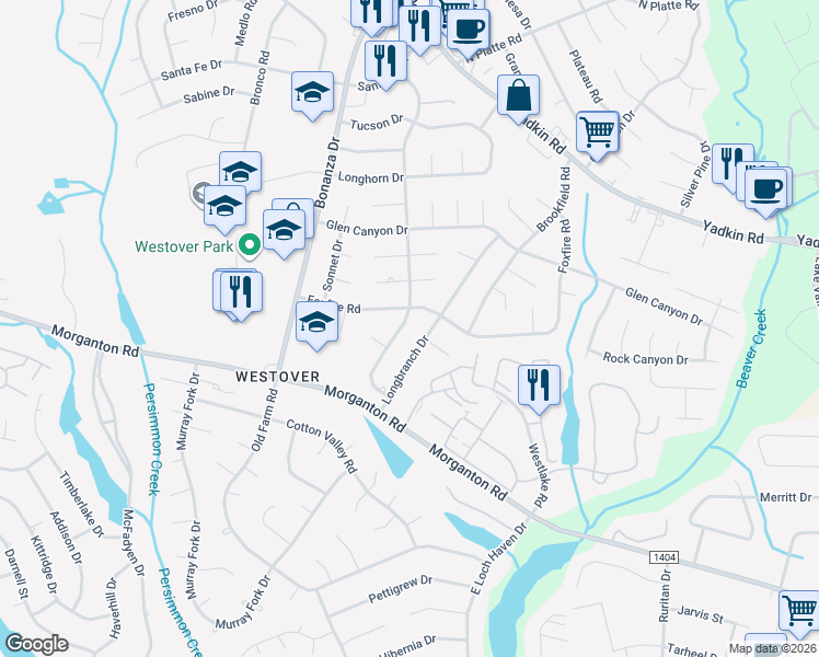 map of restaurants, bars, coffee shops, grocery stores, and more near 5144 Wichita Drive in Fayetteville