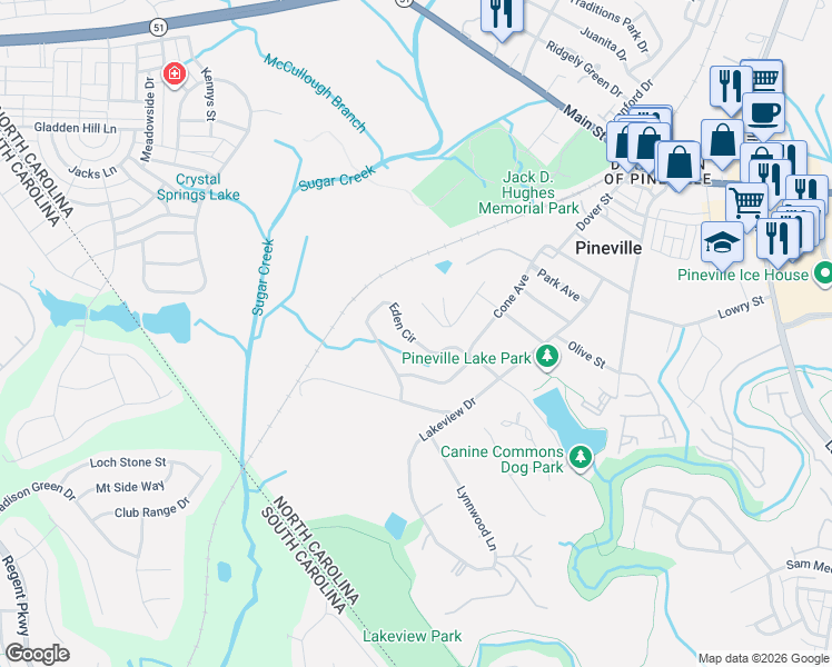 map of restaurants, bars, coffee shops, grocery stores, and more near in Pineville