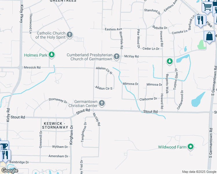 map of restaurants, bars, coffee shops, grocery stores, and more near 7064-7076 May Woods Lane in Germantown